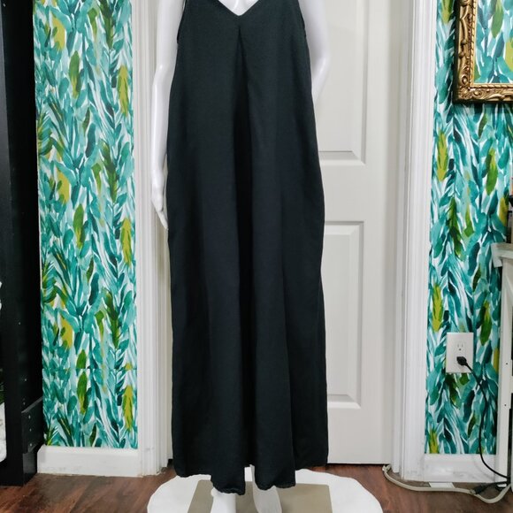 LOFT Black Linen Blend Lagenlook Prairie Linen Maxi Slip Dress Women's Size 10 - Picture 4 of 12